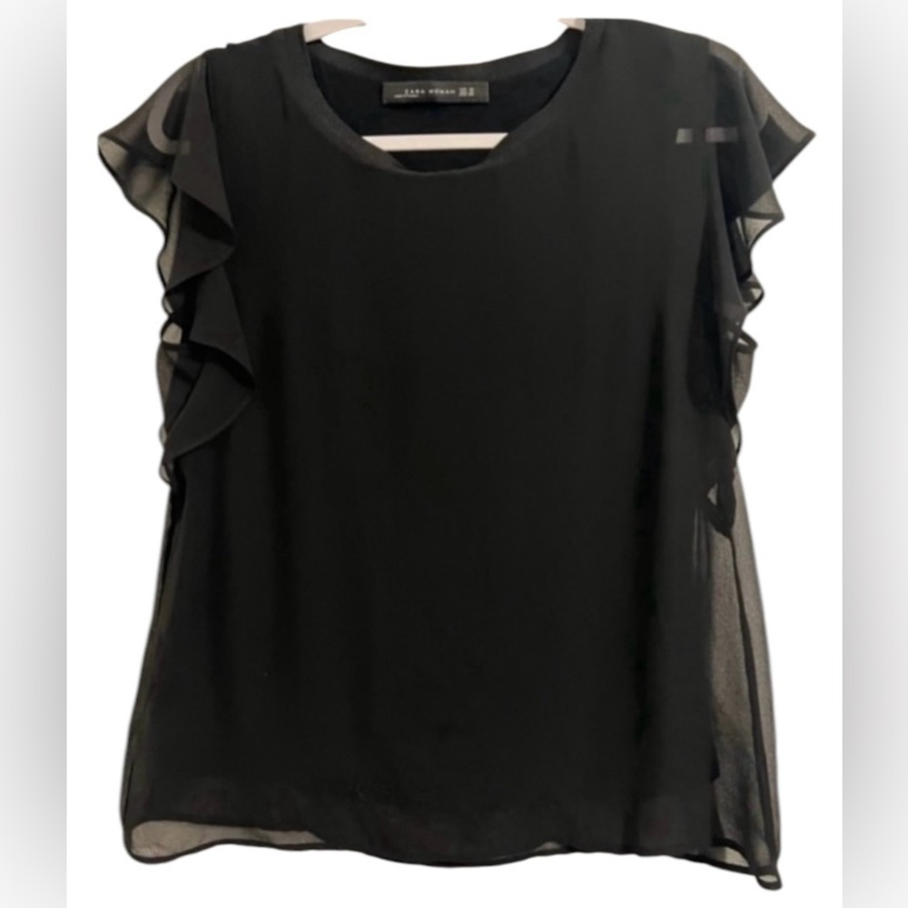 Zara women’s Extra Small black ruffle short sleeve lined black blouse